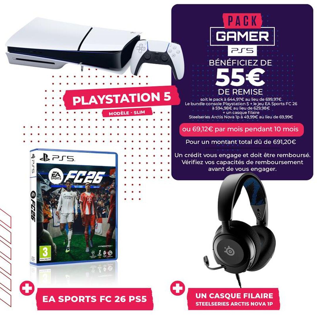 Pack du Gamer console PS5 Slim + EA Sports FC 26 + casque Steelseries Arctis Nova 1p