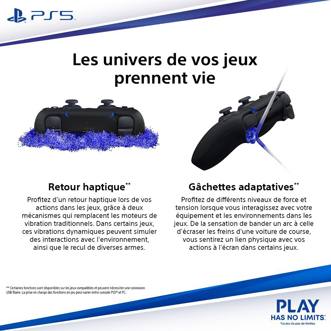 Manette Sans Fil Dualsense Midnight Black (avec C&acirc;ble Usb Pour Pc)