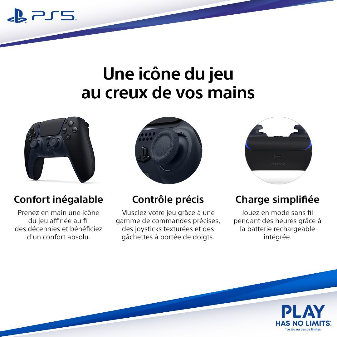 Manette Sans Fil Dualsense Midnight Black (avec C&acirc;ble Usb Pour Pc)