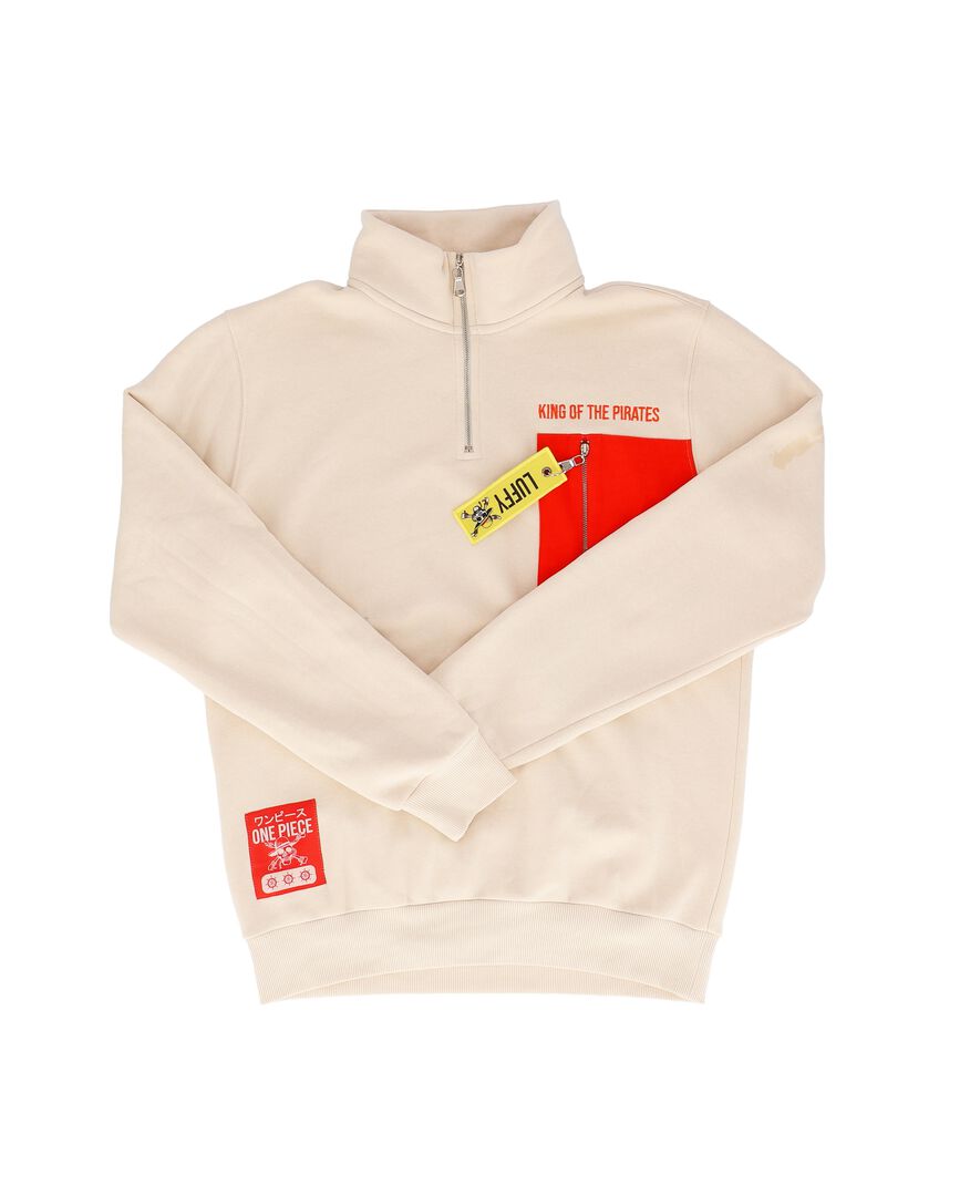 Sweat | One Piece | Sweat Luffy Beige Avec Zip 3/4 + Poche Rouge | Taille M