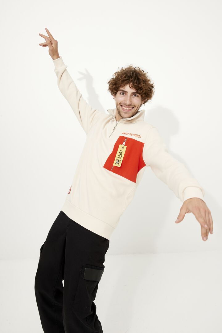 Sweat | One Piece | Sweat Luffy Beige Avec Zip 3/4 + Poche Rouge | Taille M