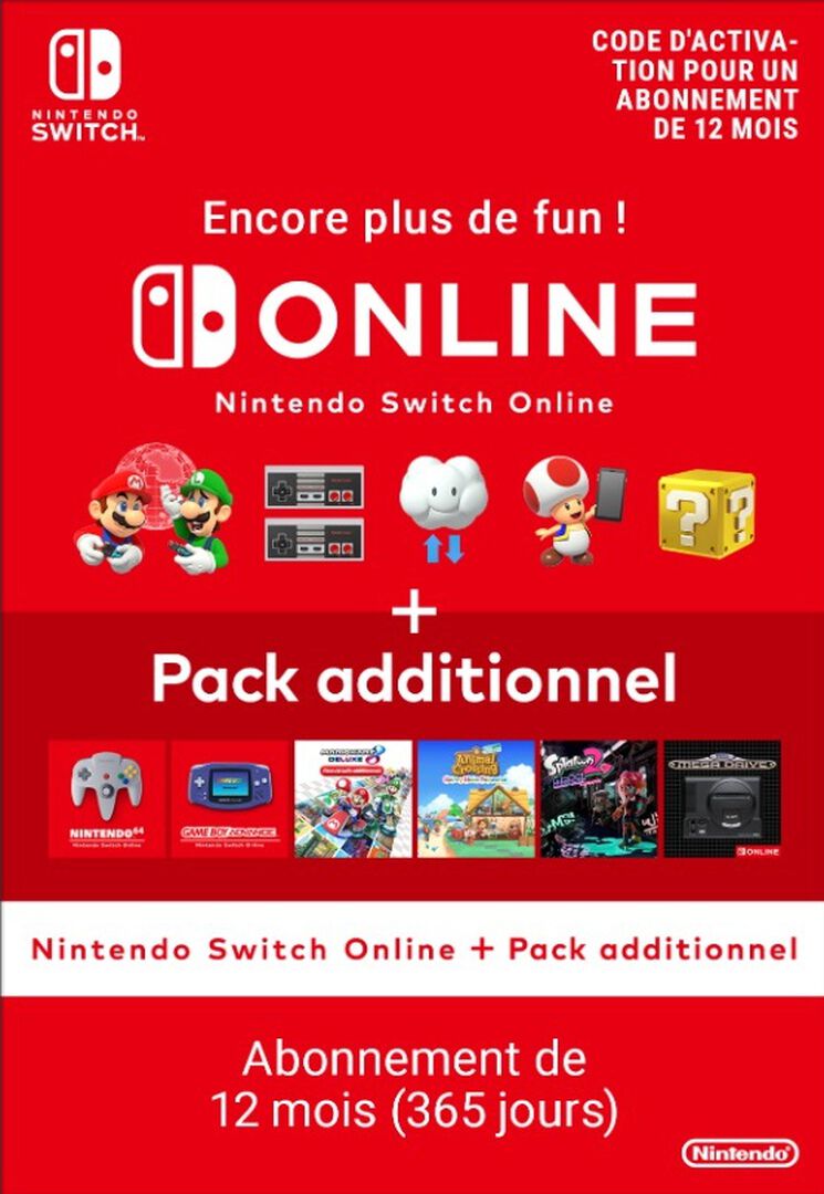 Abonnement Nintendo Switch Online 365 Jours (individuel) + Pack Additionnel