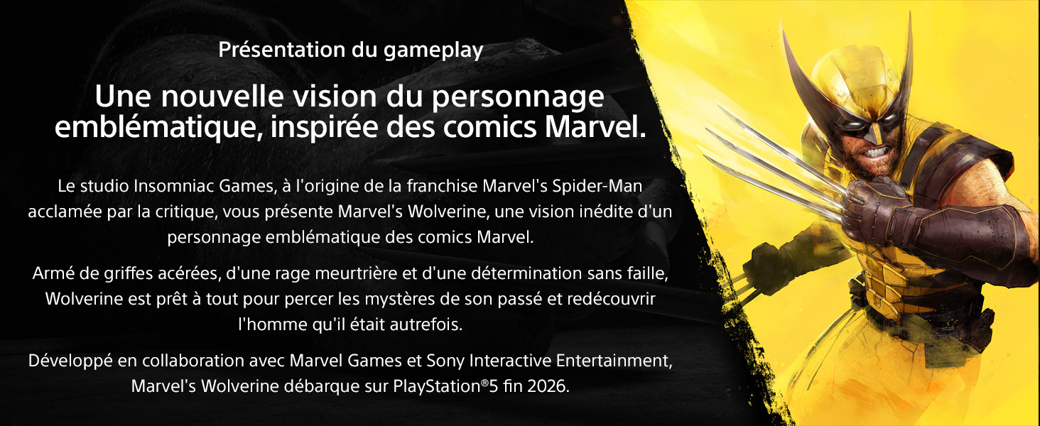 Présentation du gameplay du jeu Marvel’s Wolverine avec texte descriptif et illustration du personnage équipé de griffes métalliques.